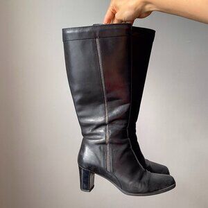 🍂 Black Y2K Vintage Leather Heeled Under-Knee Boots with Almond Toes by College